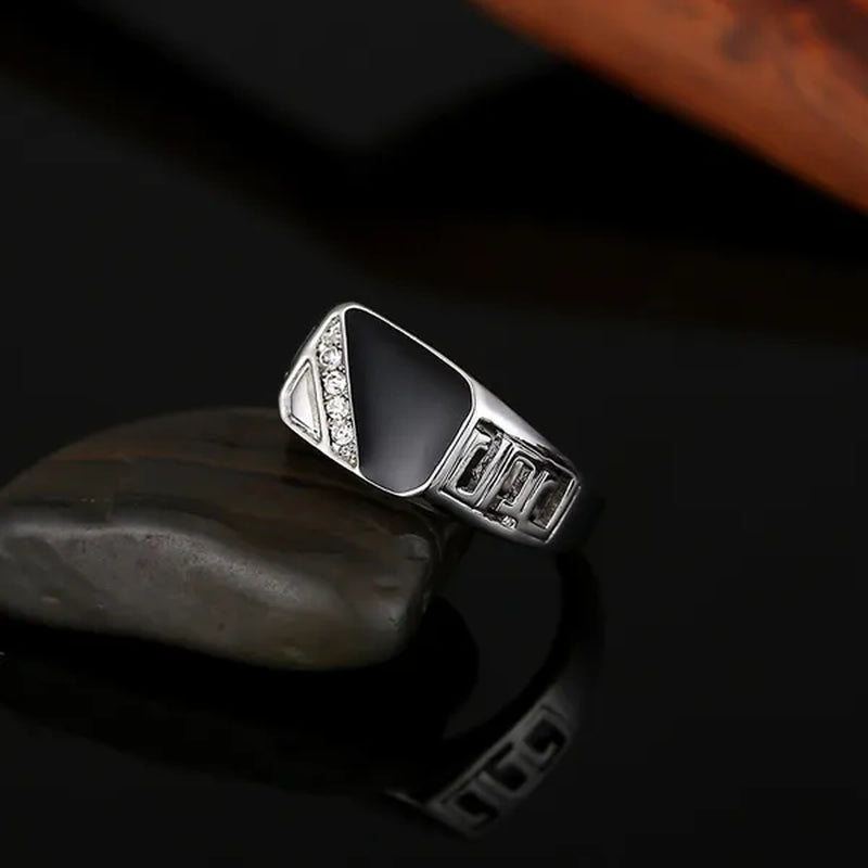 Classic Men's Punk Black Square Fashion Men's Ring Surface Classic Pattern Fashion Silver Plated Ring Size 6-12