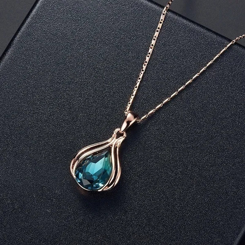 3PCS / Set New Luxury Design Luxury Wedding Pendant Earrings Rose Gold Green Blue Gem Necklace Earring Crystal Pendant Set Jewellery Set