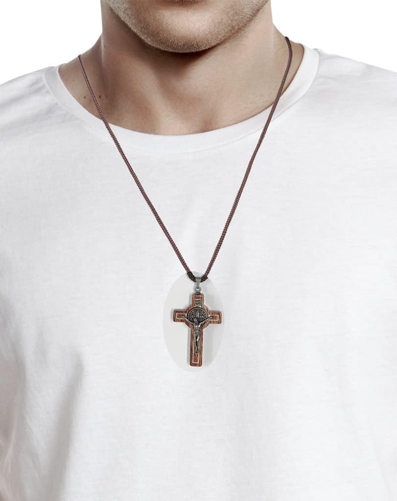 Saint Benedict Medal Wood Crucifix Pendant Cord Necklace. Religious Necklace for Men and Women. Made in Brazil
