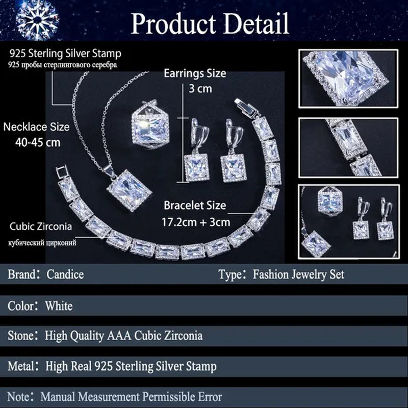 CANDICE Sparkling Princess Cut Clear Crystal Pave Stylish Sterling Silver Necklace Earrings Bracelet and Ring 4 Pcs Wedding Jewelry Set With Tiny CZ Stone