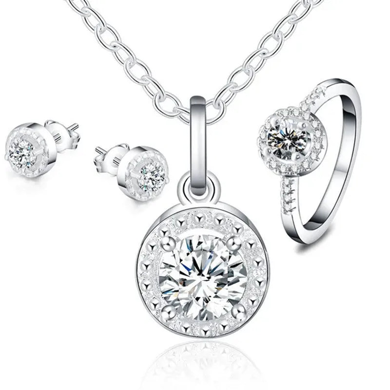 925 Sterling Silver Cute Solid Christmas Gift Noble Fashion Elegant Women Shiny Crystal CZ Necklace Earring Ring Jewelry Set