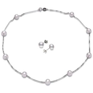 Trendy Simple 925 Sterling Silver with Natural Freshwater Pearl Necklace and Stud Earrings Jewelry Set for Women