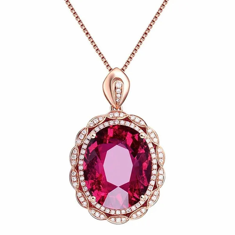 Rose Gold Big Oval Red Crystal Ruby Gemstones Diamonds Pendant Necklaces for Women Vintage Jewelry Choker Chain Bijoux Gifts