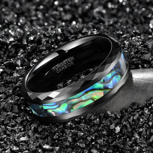8MM Tungsten Carbide Rings Inlay Multi-color Rainbow Abalone Shell Faceted Edge Cut Wedding Band for Men's Engagement Promises Jewelry Anniversary Gift