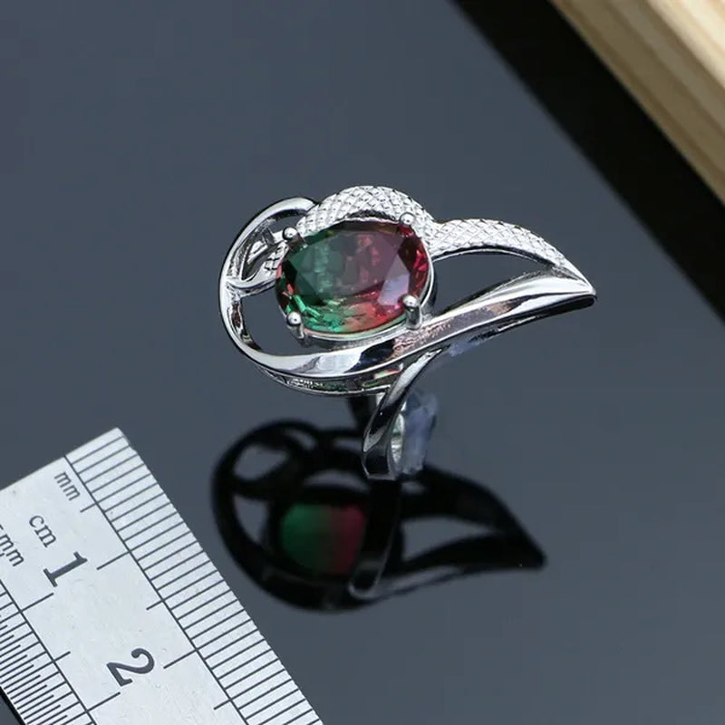 925 Silver Jewelry Sets for Women Rainbow Tourmaline  Wedding Necklace Earrings Open Ring