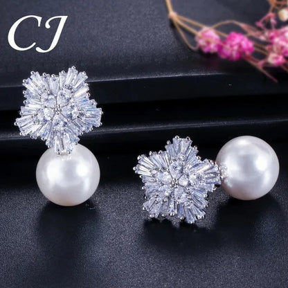 CANDICE Unique Rose Gold Plated Clear Cubic Zircon Snowflake Stud Earring with White Big Shell Pearl Brincos for Woman Christmas Gift
