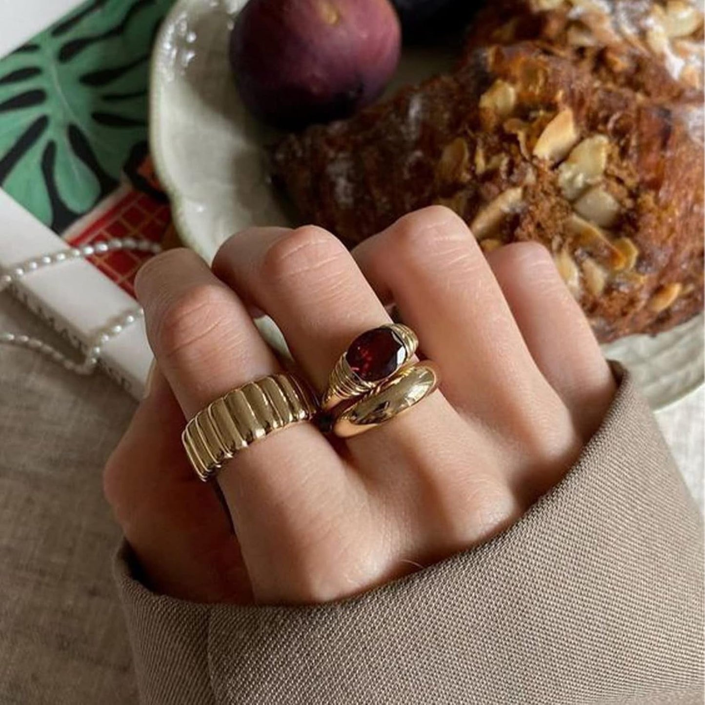 Gold Ring for Women Trendy Gemstone Chunky Ring 18K Gold Plated Band Ring Signet Statement Ring