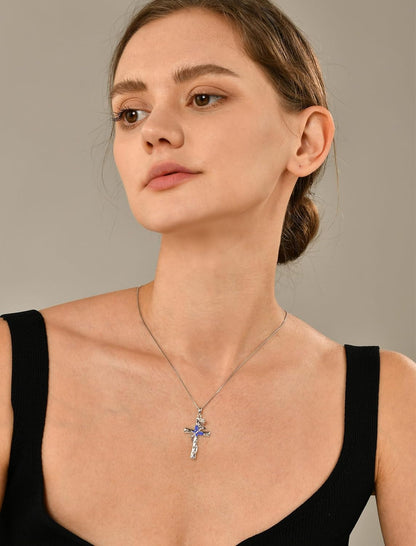 Butterfly Cross Necklace Sterling Silver Rose Flower Pendant Birthstone Jewelry for Women