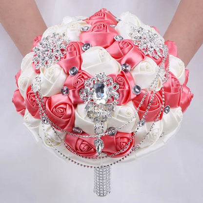21CM Beautiful Rhinestone Tassel Wedding Bouquet Diamond Brooch Bouquet Satin Rose Bridal Holding Flower DIY Wedding Supplies