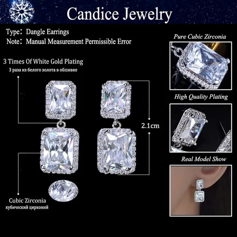 CANDICE Women Sparkling Banquet Drop Earrings Setting White Gold Plating Double Square Cubic Zirconia Dangle Ear Jewelry For Wedding Party