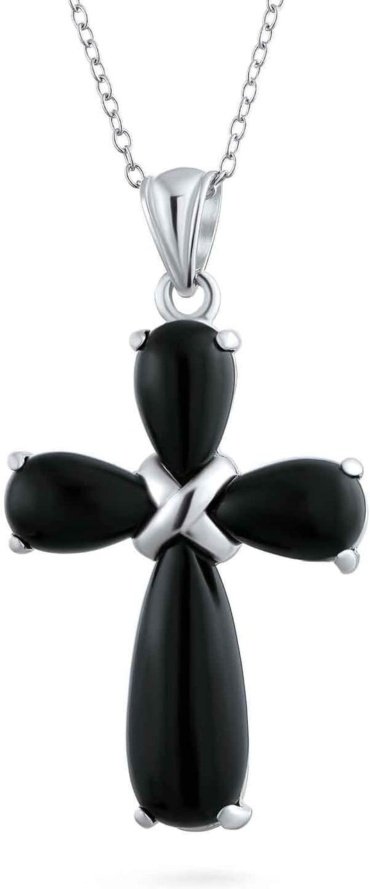 Timeless Fashion Cabochon Genuine Gemstones Black Onyx Multi Color Green Jade Cross Pendant Necklace for Women Teen .925 Sterling Silver with Chain