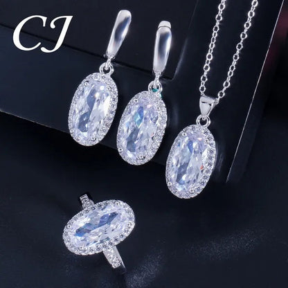 CANDICE Fashion Women Sterling Silver Plated Jewelry Sets for Girls Lovely Oval Pink CZ Stone Party Necklace Earrings Ring Set（Us 7-9)