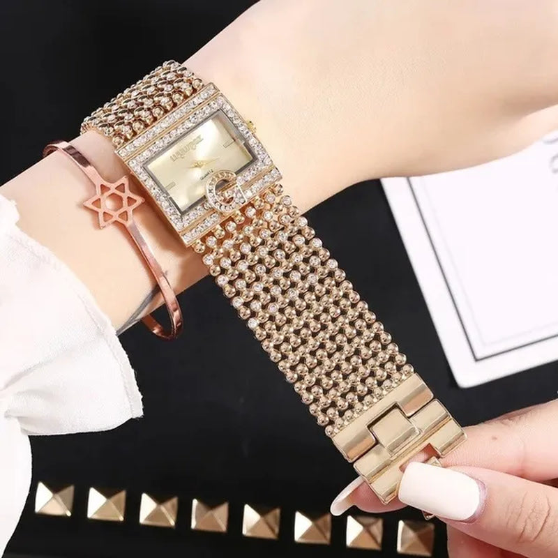 Lucky Bracelets Luxury Ladies Wrist Watch Fashion Full Diamond Gold Stainless Steel Rectangular Female Quartz Watch