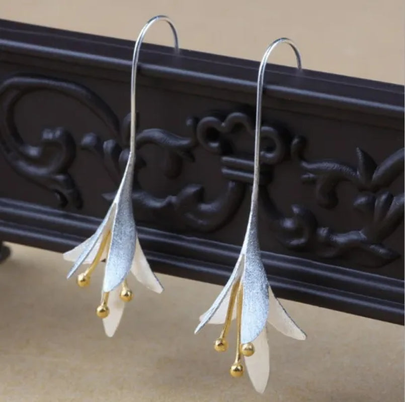 2020 Elegant Women Vintage Orchid Shape Long Hook 925 Sterling Silver Earrings Socialite Eardrop Jewelry Gift