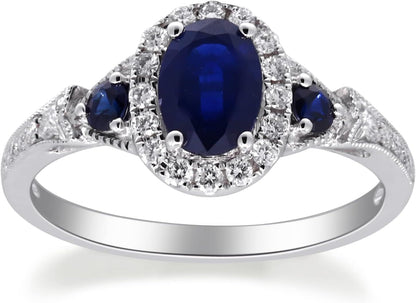 14K White Gold Genuine Blue Sapphire Ring with Diamonds for Women | Ethically, Authentically & Organically Sourced (Oval-Cut) Shaped Sapphire Hand-Crafted Jewelry for Her | Sapphire Ring for Women