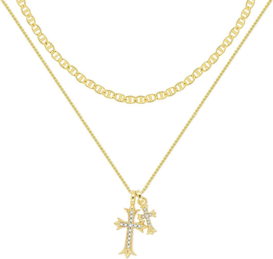 Bubble Cross Necklace for Women 14K Gold Plated Cross Necklace Stackable Dainty Gold Necklace Mariner Chain Necklace CZ Cross Pendant Necklaces Set Simple Jewelry Gift