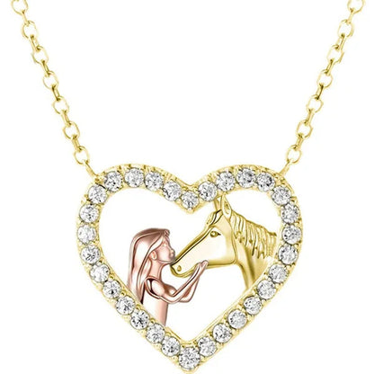 Exquisite Fashion Women's Creative Girl and Horse Necklace Heart Diamond Pendant Necklace Women's Animal Jewelry Accessories Birthday Anniversary Gift