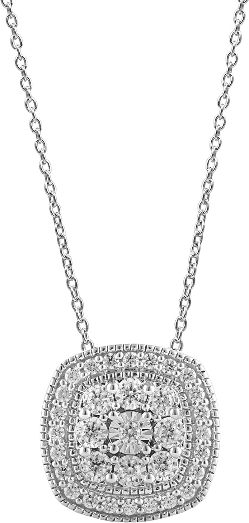 1/2 Carat Necklaces for Women, 925 Sterling Silver Necklace Round-Cut Natural Diamond Cushion Halo Pendant, Friendship Jewelry for Girls, Gifts for Women