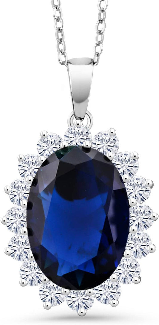 925 Sterling Silver Blue Simulated Sapphire Pendant Necklace for Women | 13.00 Cttw | Oval 13X18MM | with 18 Inch Silver Chain