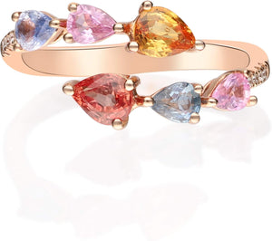 10K Yellow Gold Multi Sapphire Ring with Diamonds for Women | Ethically, Authentically & Organically Sourced (Pear-Cut) Shaped Sapphire Hand-Crafted Jewelry for Her | Sapphire Ring for Women