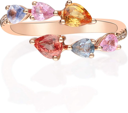 10K Yellow Gold Multi Sapphire Ring with Diamonds for Women | Ethically, Authentically & Organically Sourced (Pear-Cut) Shaped Sapphire Hand-Crafted Jewelry for Her | Sapphire Ring for Women