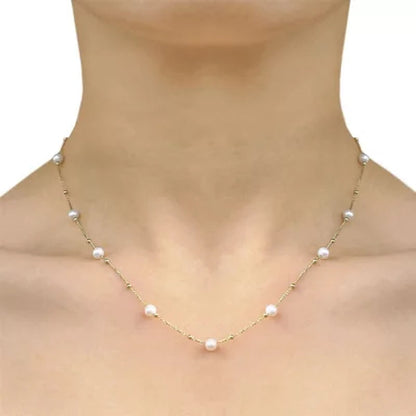 14K Freshwater Cultured Pearl and High Polish Bead Necklace, 18"