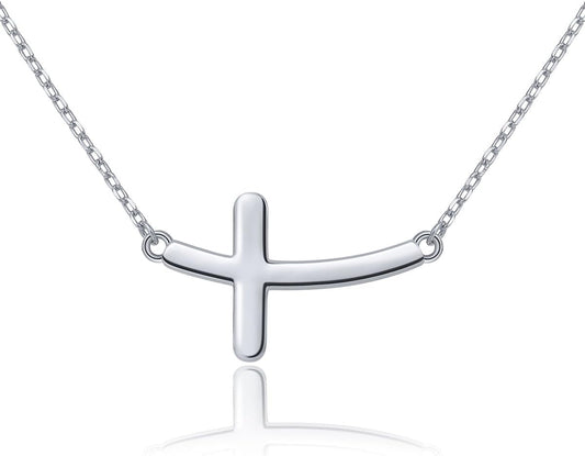925 Sterling Silver Concise Sideways Cross Pendant Necklace Choker for Women Christian Jewelry