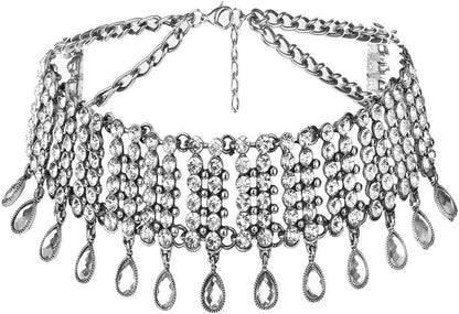 Vintage Boho Full Rhinestones Necklaces Tassel Jewelry Set Layered Pendant Statement Chunky Chain Necklace for Women