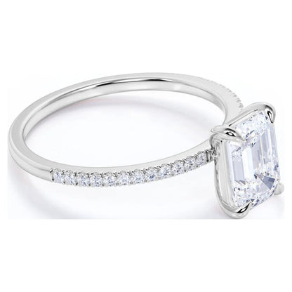 1.75 Carat Emerald Cut Moissanite and Diamond Pave Engagement Ring in 10K White Gold