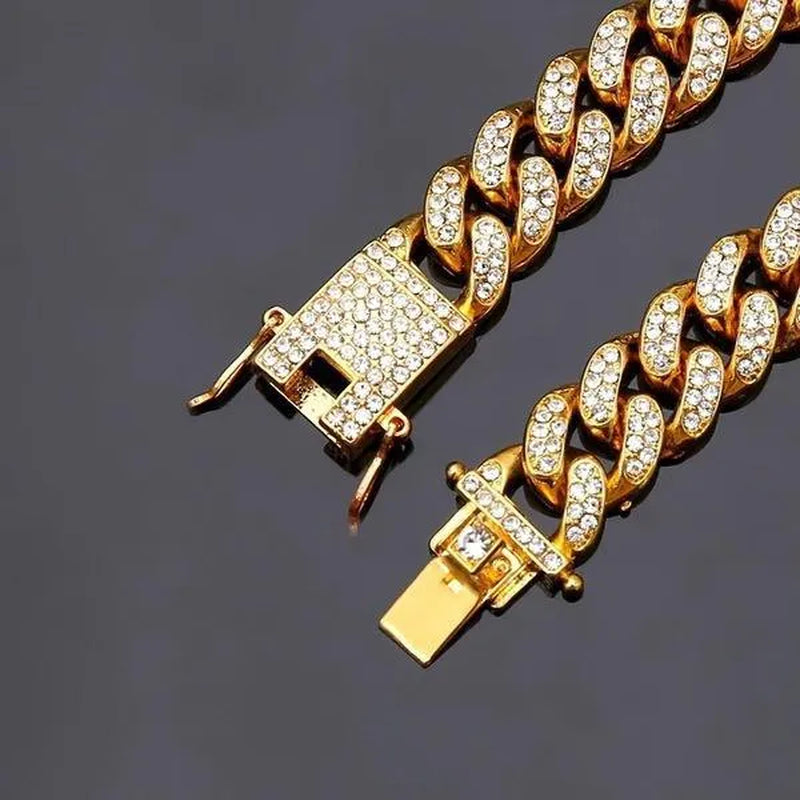 A Set(Bracelet+Necklace) 13MM Width Cuban Link Chain Gold Silver Plated Bling Miami Cuban Necklace Bracelet Diamond Chain for Fashion Men and Women Iced Out Hip Hop Jewelry Set