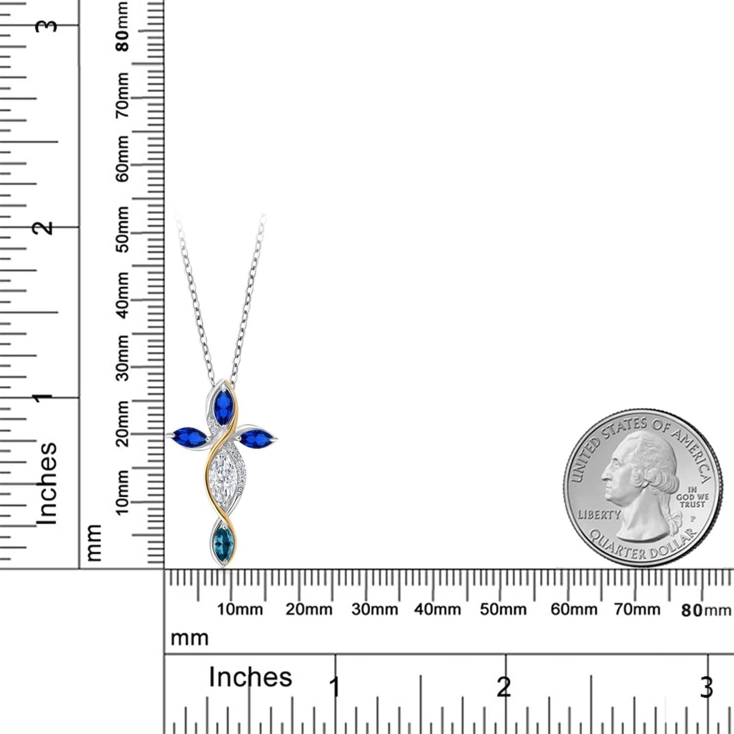 925 Silver and 10K Yellow Gold Blue Created Sapphire Lab Grown Diamond Cross Pendant with Chain Set with Moissanite (1.45 Cttw)