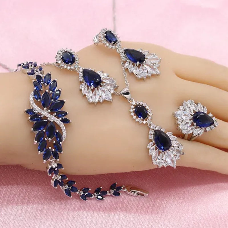 Women jewelry sets Flower Shaped Red/Blue/Green Stones Rings Necklace Earrings