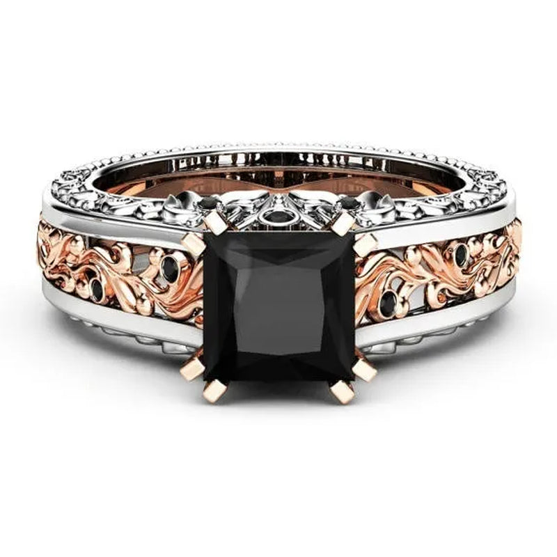 Princess Black  Stone Engagement Ring Rose 925 Sterling Silver Wedding Bridal Rings size 5-12
