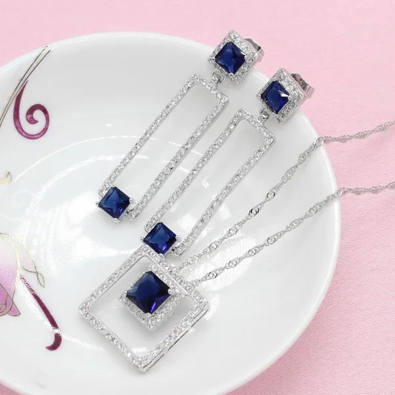 Women Fashion Silver Blue Zircon Ring Earrings Bracelet Pendant jewelry sets