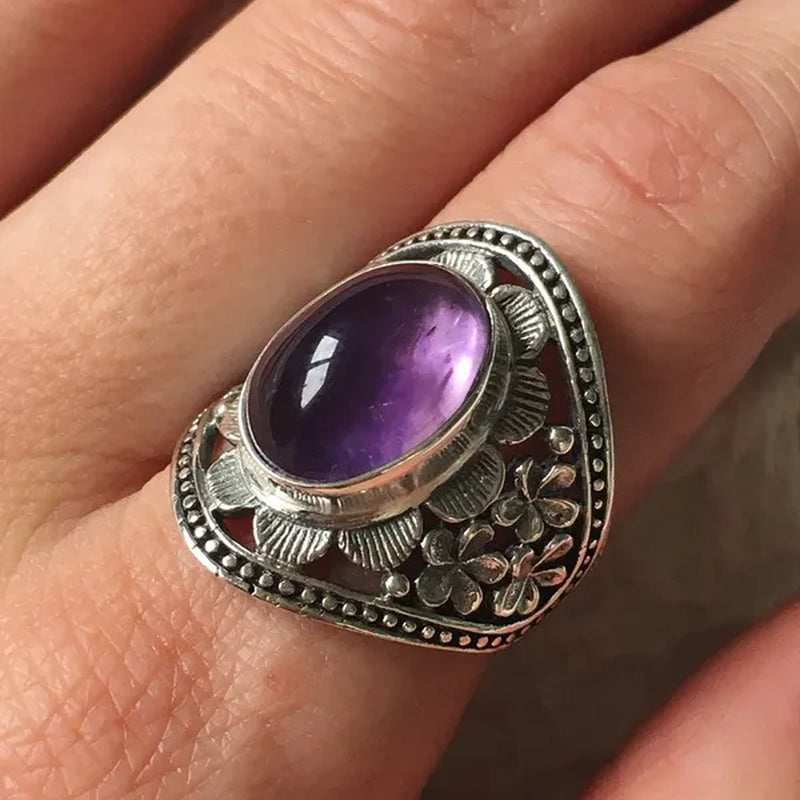 Exquisite Women'S Vintage Rings, Ancient Silver Inlaid Purple Moonstone Opal Onyx Stone Beautifully Carved Flower Pattern Women'S Fashion Jewelry, Party Banquet Business Casual Jewelry, Memorial Day Gift European and American Hot Selling