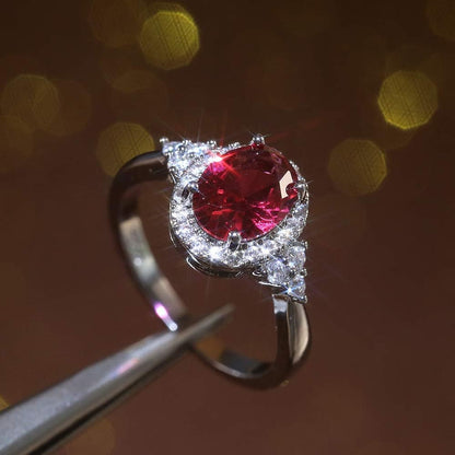 Oval Cut Ruby Diamond Cluster Solitaire Ring Delicate Engagement Rings 14K Gold Plated 925 Sterling Silver Gemstone Ring Natural Ruby Ring for Women Size 8