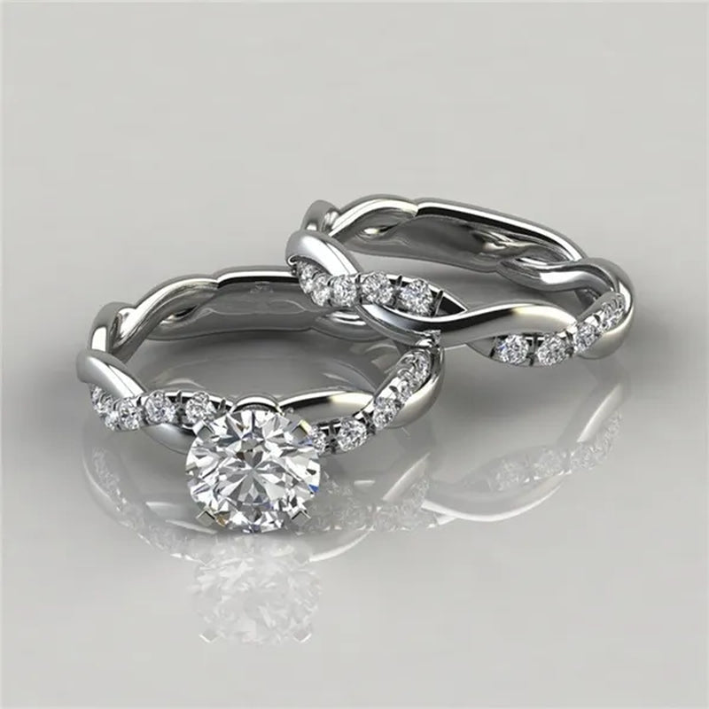 Women's Delicate Stainless Steel Twist Round Cut White Sapphire Ring Set Bridal Engagement Diamond Rings Wedding Rings Anniversary Gift Banquet Party Jewelry Ring Size 5-11