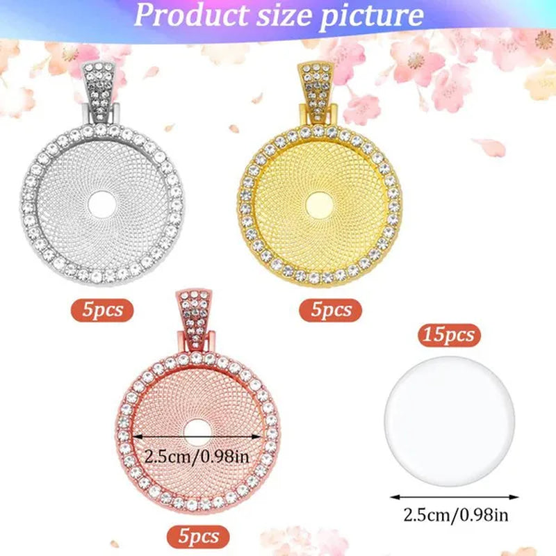 30 Pcs Rhinestone Wing Bezel Pendant Trays with Glass Cabochons 25mm Round Bezel Trays Blank Pendant Bases Blank Pendant Charm for DIY Jewelry Crafts Making Supplies(Gold/Silver/Rose Gold)