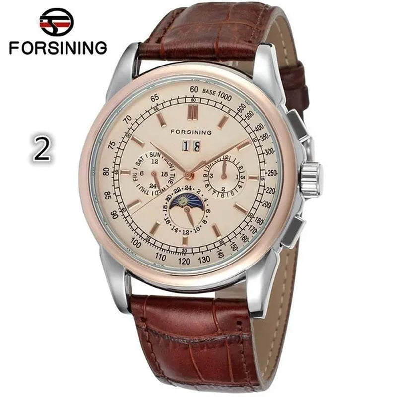 Forsining Moon Phase Shanghai Movement Rose Gold Case Brown Bracelet en cuir véritable Montres pour hommes Top Brand Luxury Auotmatic Watch