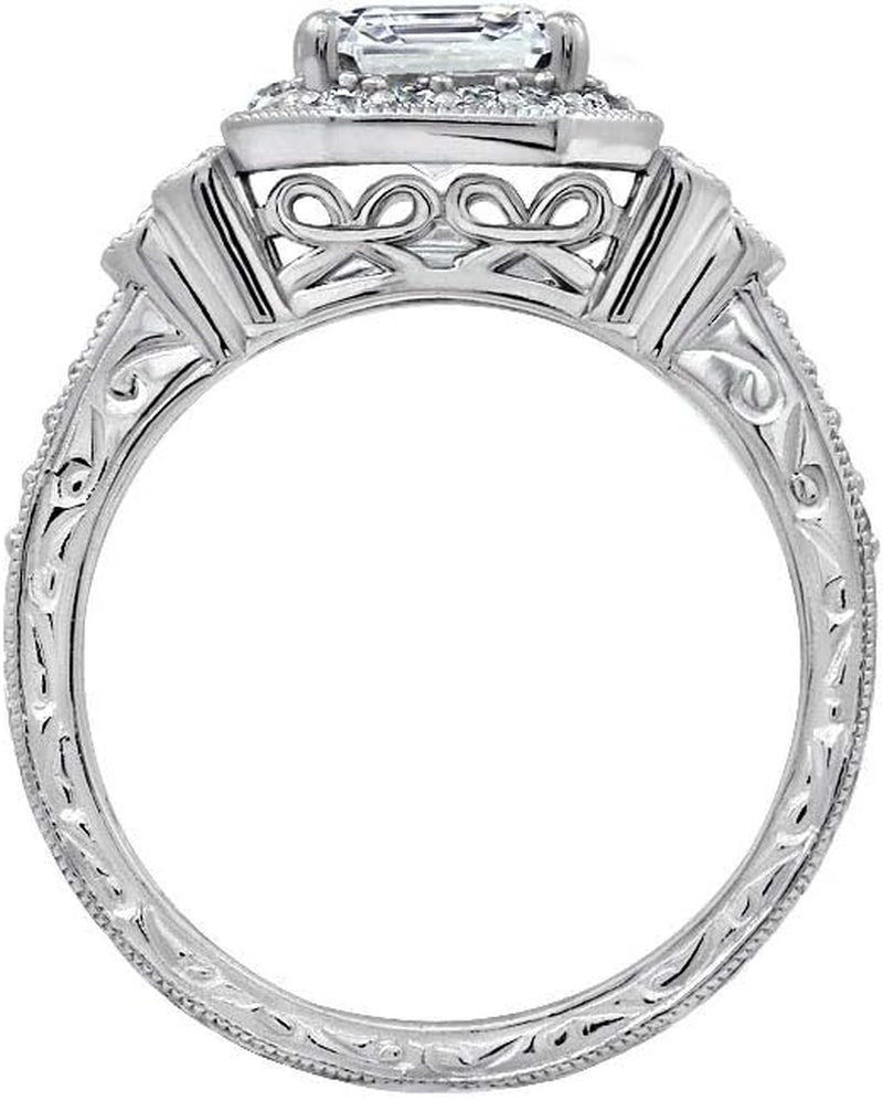 Platinum or Gold Plated Sterling Silver Antique Ring Set with Asscher-Cut Infinite Elements Cubic Zirconia (Previously Amazon Collection)