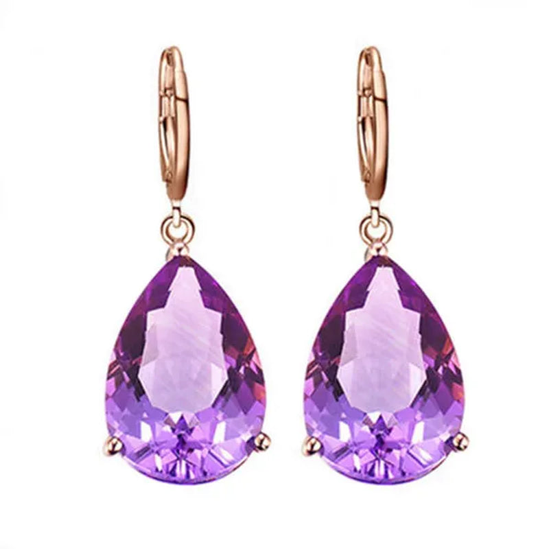 Fashion Amethyst Flower Pendant Necklace Water Drop Cubic Ziconia Earrings Four Leaf Clover Bracelet Double Heart Open-End Ring Jewelry Set For Women Gift