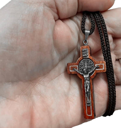 Saint Benedict Medal Wood Crucifix Pendant Cord Necklace. Religious Necklace for Men and Women. Made in Brazil