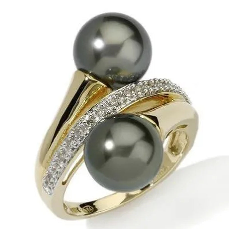 Elegant Ladies Ring 18K Gold Ring Unique Black Pearl Ring Party Jewelry Wedding Engagement Ring Anniversary Gift Size 5-11