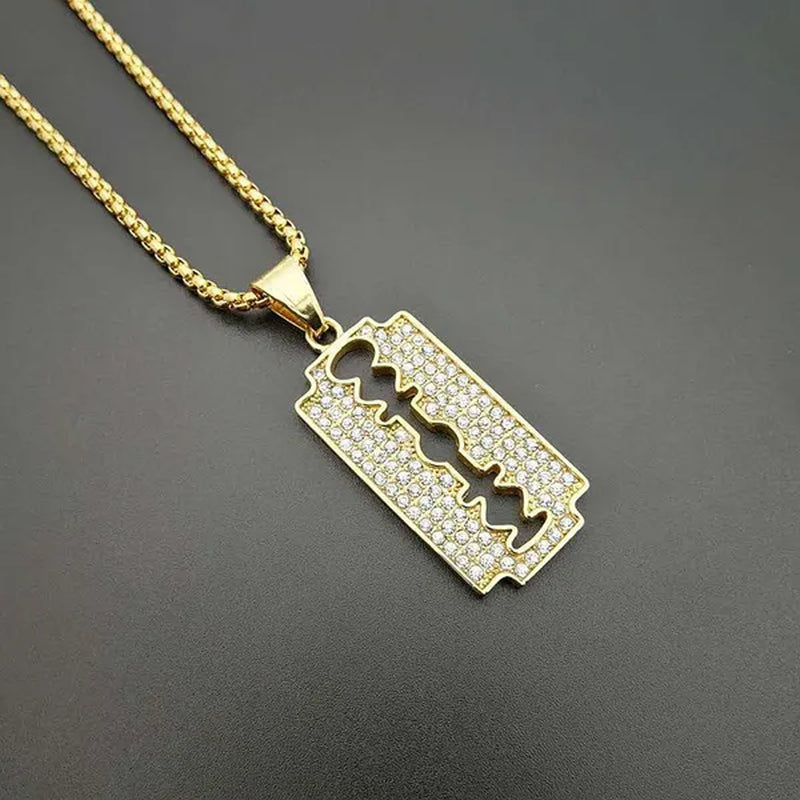 316 Stainless Steel Gold Plated Diamond Blade Pendant Necklace Men's Hip Hop Jewelry