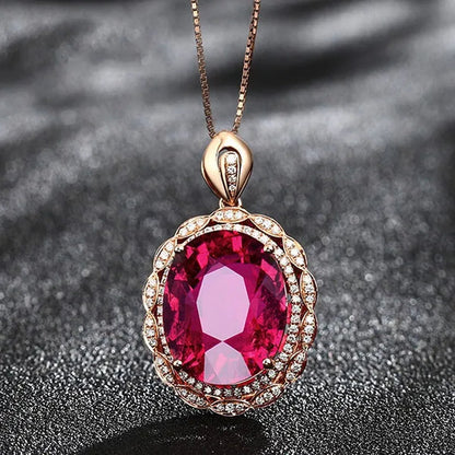Rose Gold Big Oval Red Crystal Ruby Gemstones Diamonds Pendant Necklaces for Women Vintage Jewelry Choker Chain Bijoux Gifts