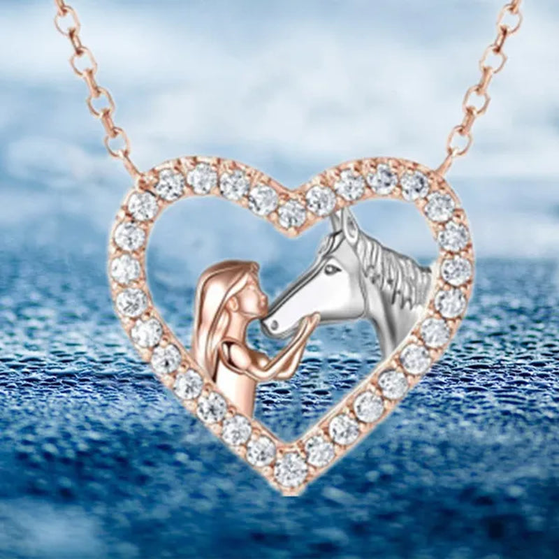 Exquisite Fashion Women's Creative Girl and Horse Necklace Heart Diamond Pendant Necklace Women's Animal Jewelry Accessories Birthday Anniversary Gift