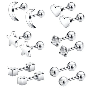 6 Pairs 5 Colors Stainless Steel Tiny Stud Earrings for Women Girls Heart Moon Star Crystal CZ Earrings Cartilage Helix Ear Piercing Set