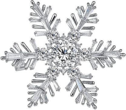 White Gold Plated Cubic Zirconia CZ Winter Art Deco Snowflake Flower Clear Brooch Pin for Women Lady