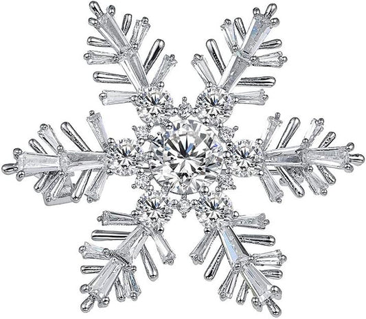 White Gold Plated Cubic Zirconia CZ Winter Art Deco Snowflake Flower Clear Brooch Pin for Women Lady