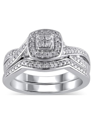 1/5 Carat T.W. (I3 Clarity, I-J Color)  Cushion Shaped Halo Diamond Composite Bridal Set in Sterling Silver, Size 7